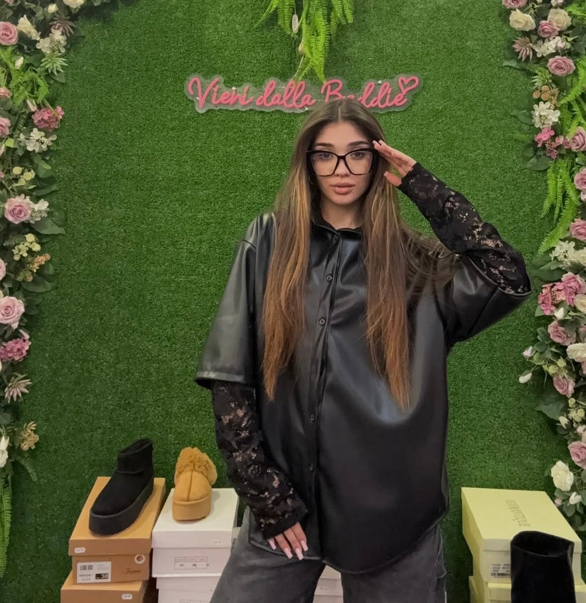 Camicia ecopelle manica pizzo